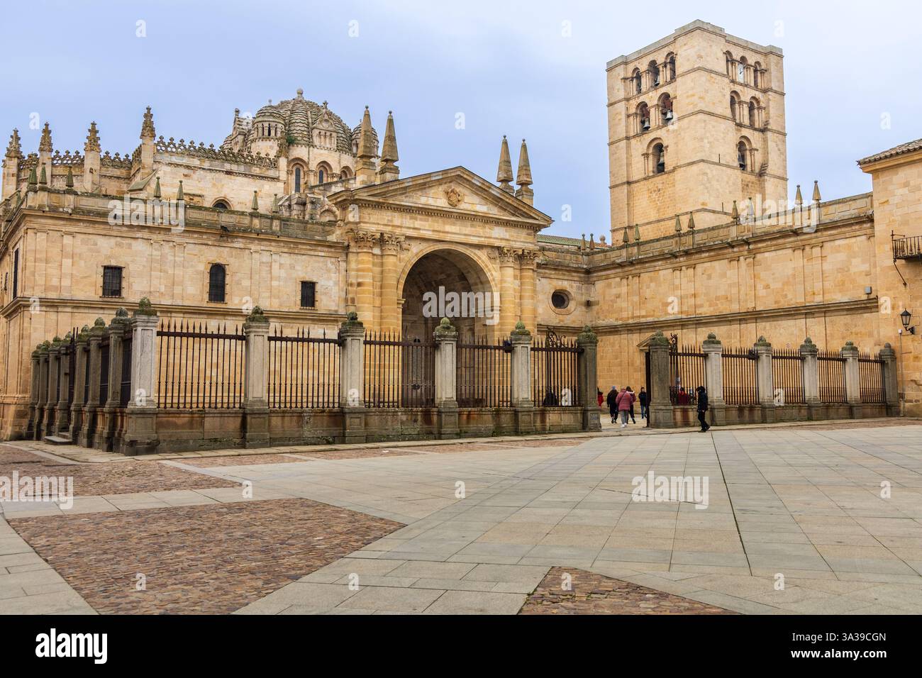 Façade nord de la cathédrale de Zamora, une église romane avec un dôme de gallons recouvert d'écailles de pierre, d'influence byzantine. Zamora, Espagne. Banque D'Images