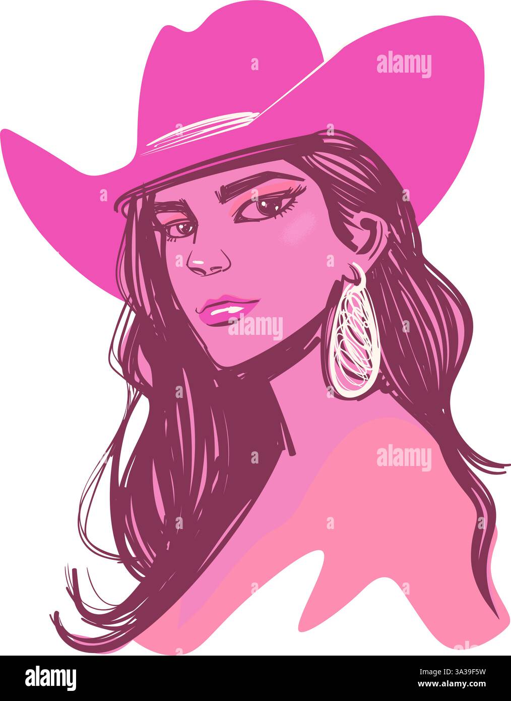 Cow-girl moderne aux cheveux longs portant chapeau et boucles d'oreilles. Portrait esthétique stylisé de coquette occidentale. Illustration de Vecteur