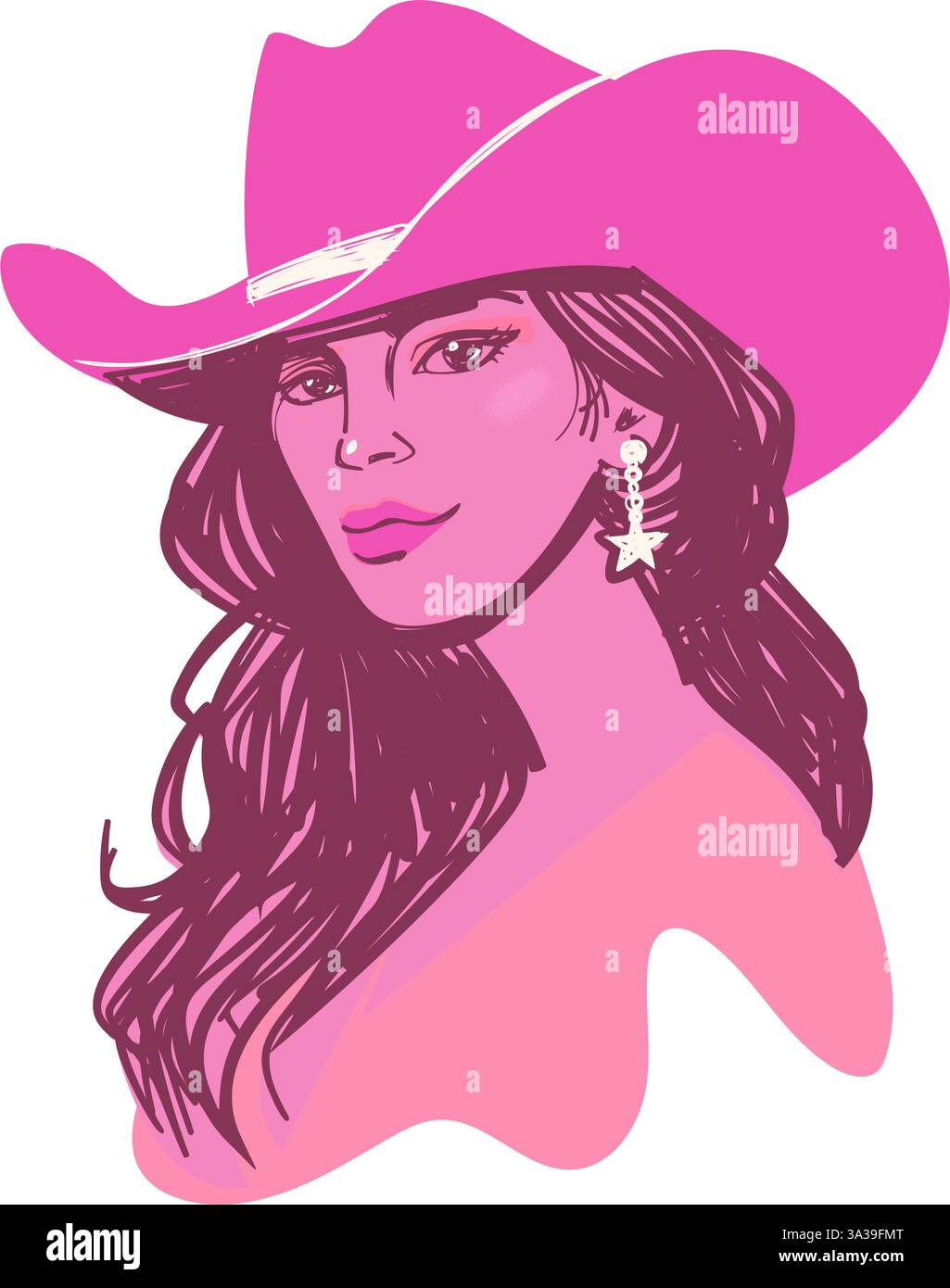 Cow-girl moderne aux cheveux longs portant chapeau et boucles d'oreilles. Portrait esthétique stylisé de coquette occidentale. Illustration de Vecteur