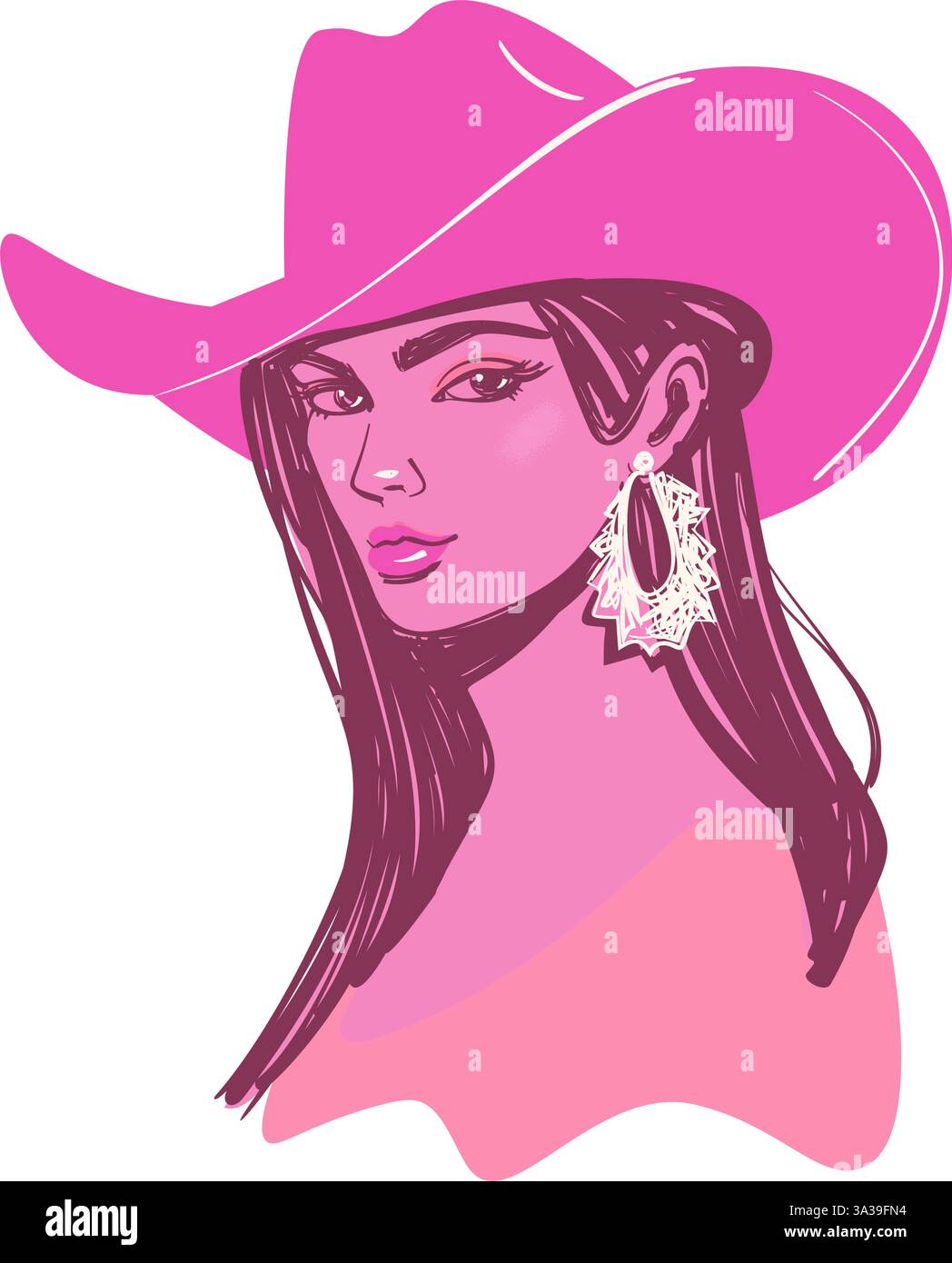 Cow-girl moderne aux cheveux longs portant chapeau et boucles d'oreilles. Portrait esthétique stylisé de coquette occidentale. Illustration de Vecteur
