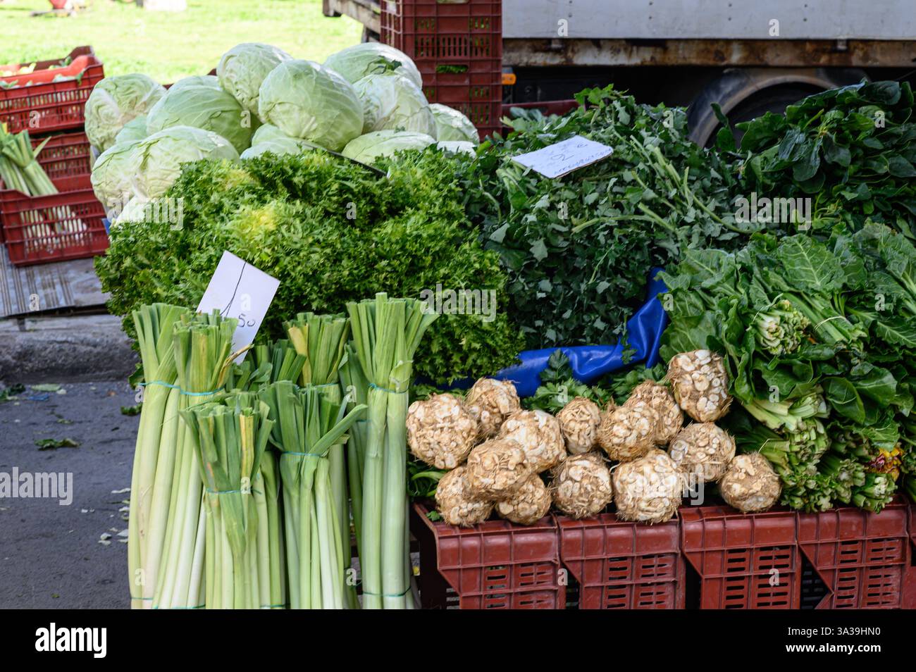 Légumes verts frais et croquants : laitue, épinards, chou frisé, poireaux, et les herbes – sont magnifiquement arrangées dans un marché bio de fermiers animé Banque D'Images