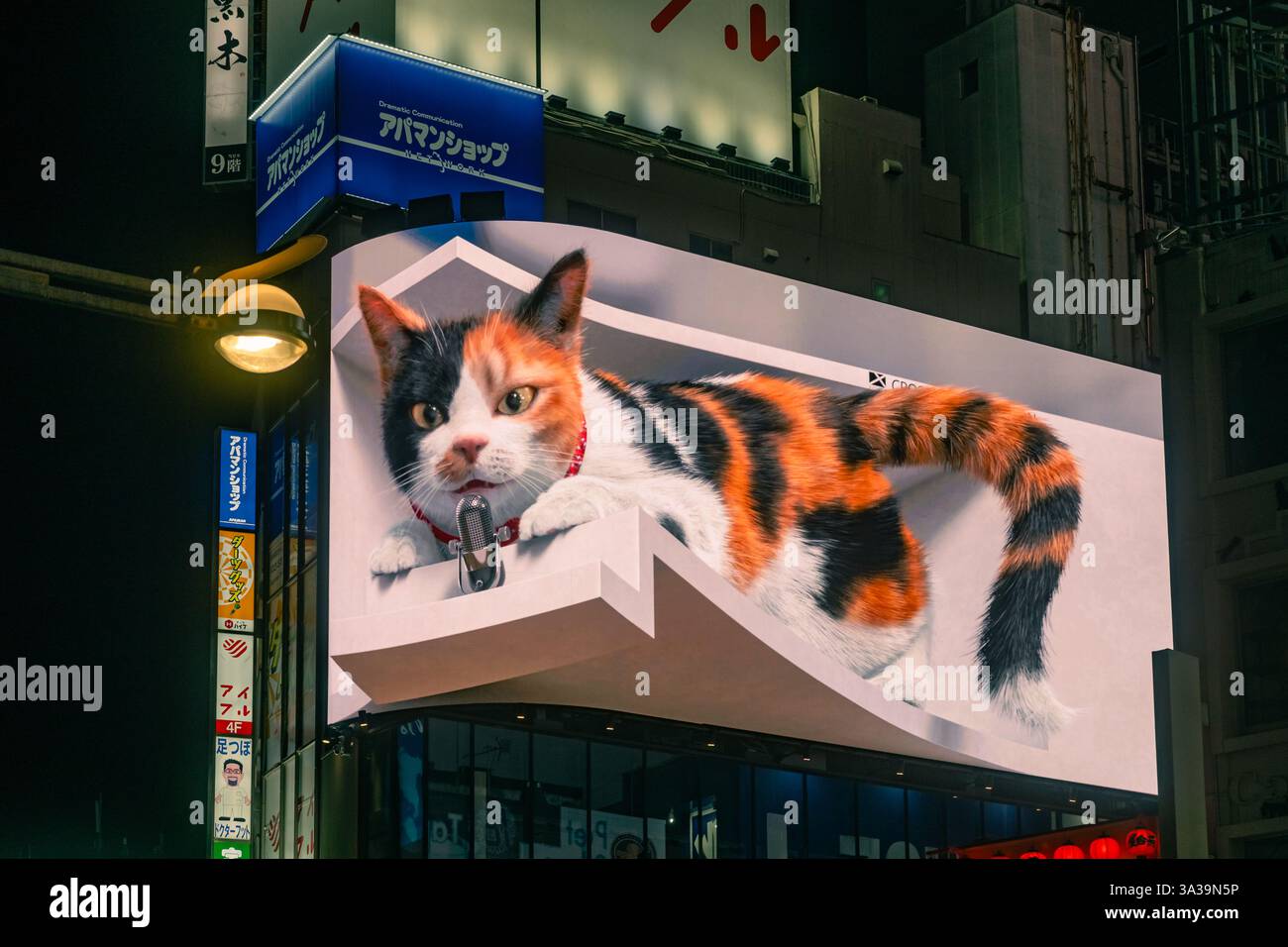 Tokyo, Japon-15 janvier 2025 : le panneau d'affichage vidéo en mouvement de chat calico 3D hyperréaliste dans le quartier de Shinjuku avec des gens marchant à proximité. Banque D'Images
