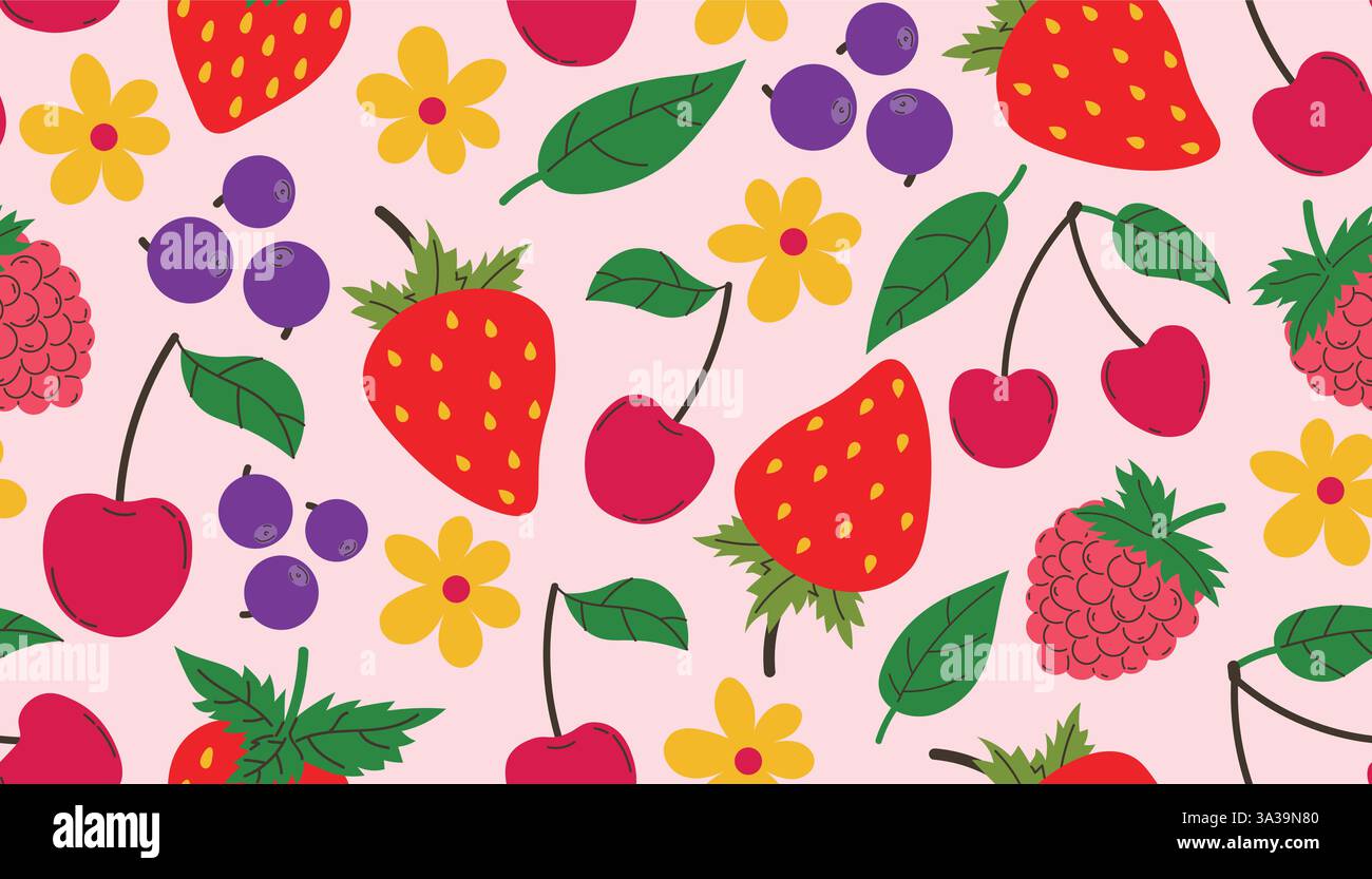 Motif sans couture de fruits avec différents fruits d'été, fraise, framboise, myrtille, cerises Illustration de Vecteur