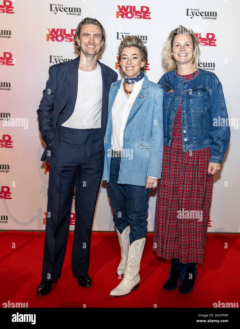 Édimbourg, Royaume-Uni. 14 mars 2025 photo : Patrick Daly, Nicole Taylor, Faye Ward sur le tapis rouge pour la soirée presse de Wild Rose. Wild Rose est la première mise en scène mondiale du film primé du même nom. La production au Royal Lyceum Theatre d'Édimbourg est écrite par Nicole Taylor et dirigée par John Tiffany. Crédit : Rich Dyson/Alamy Live News Banque D'Images