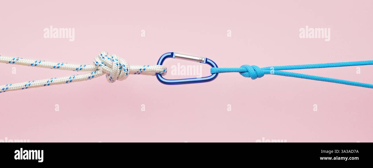 Cordes attachées avec crochet de carabine sur fond rose. Concept de connexion Banque D'Images