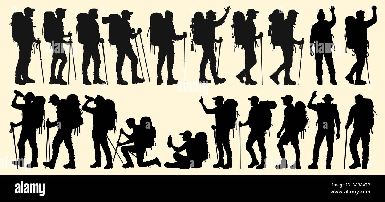 Silhouettes de randonneurs avec sacs à dos et bâtons de trekking, explorant et s'engageant dans des aventures en plein air. Illustration de Vecteur