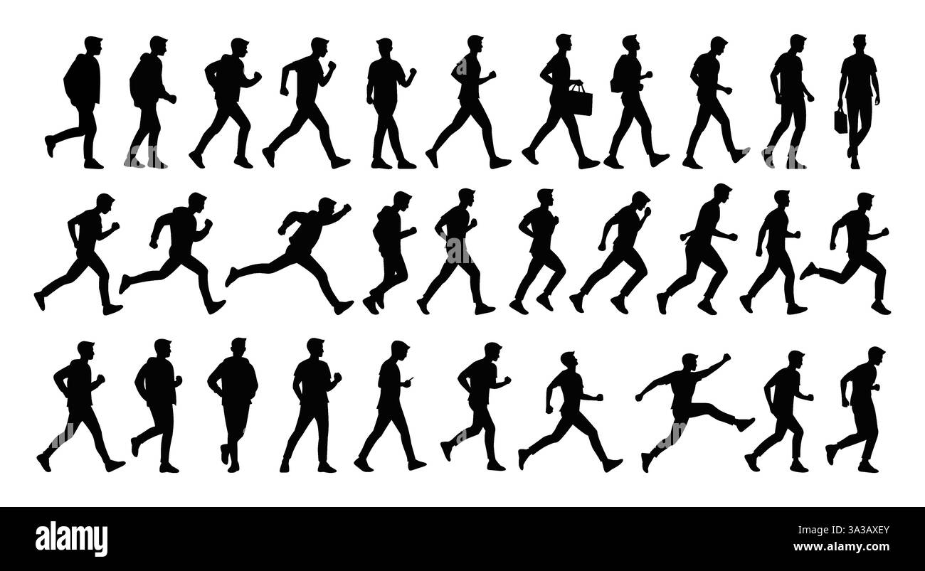 Un ensemble silhouettes de garçons marchant, faisant du jogging et courant dans diverses poses, capturant le mouvement et les différentes étapes du mouvement dans des vêtements décontractés et transportant des objets de tous les jours. Illustration de Vecteur