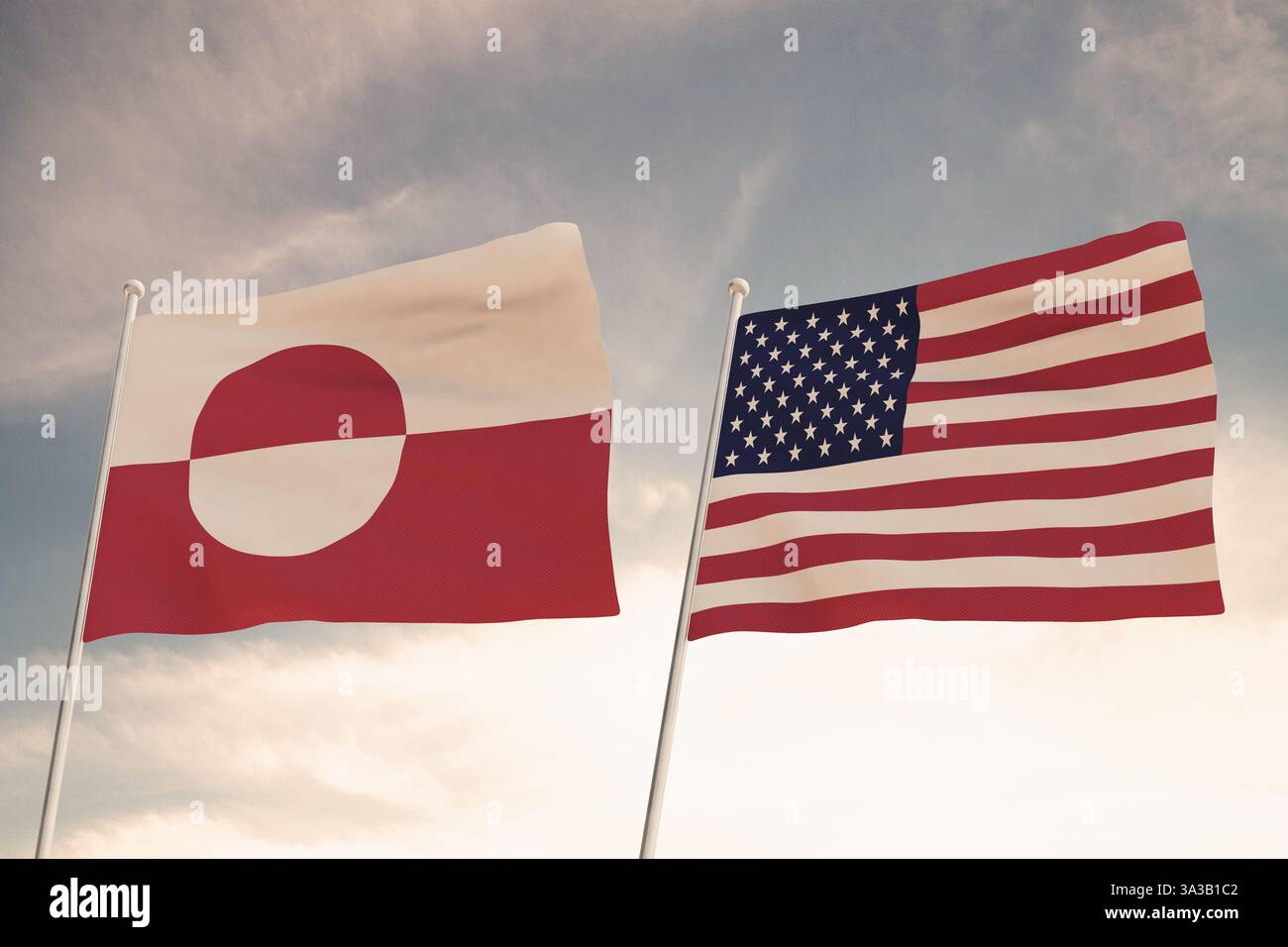 Relations entre les pays des États-Unis d'Amérique USA et Groenland représentés par le concept de deux drapeaux agitant contre un ciel nuageux. Banque D'Images
