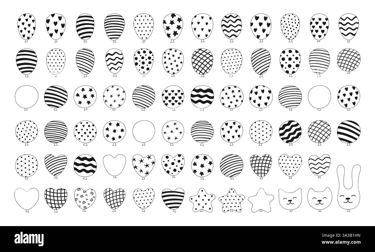 Illustration de l'ensemble de ballons à motifs noir et blanc. Étoile en forme variée, coeur, rond, chat et motifs rayés, pois ballons. Design parfait pour la fête. Décorations artistiques vectorielles de célébration d'anniversaire Illustration de Vecteur