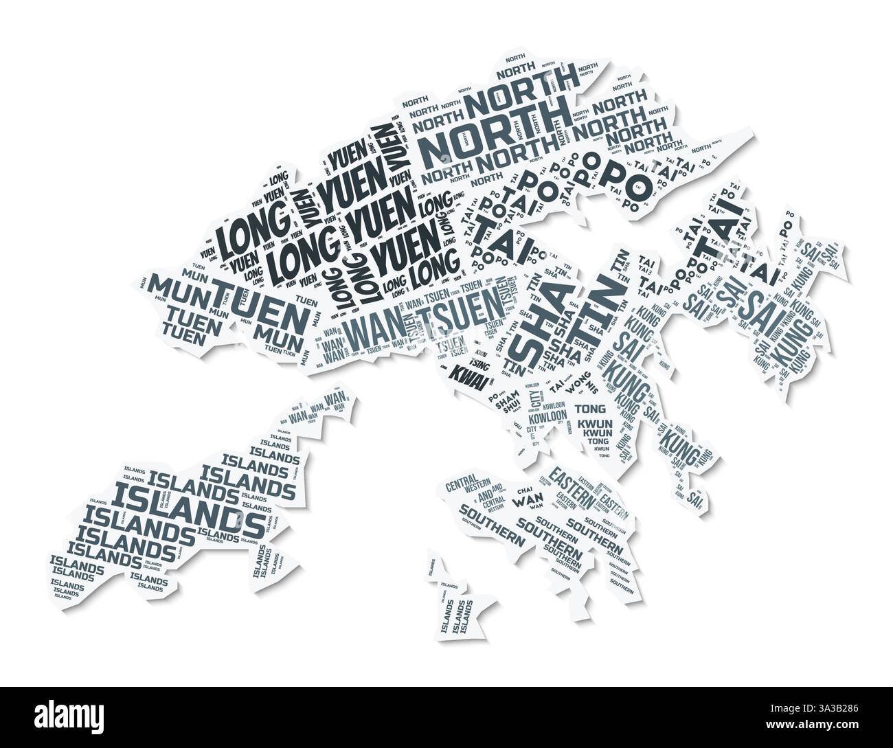 Nuage de texte de forme Hong Kong. Frontière de pays avec ombre sur fond blanc. Hong Kong avec division des régions dans le style vintage gazette. Illustration de Vecteur