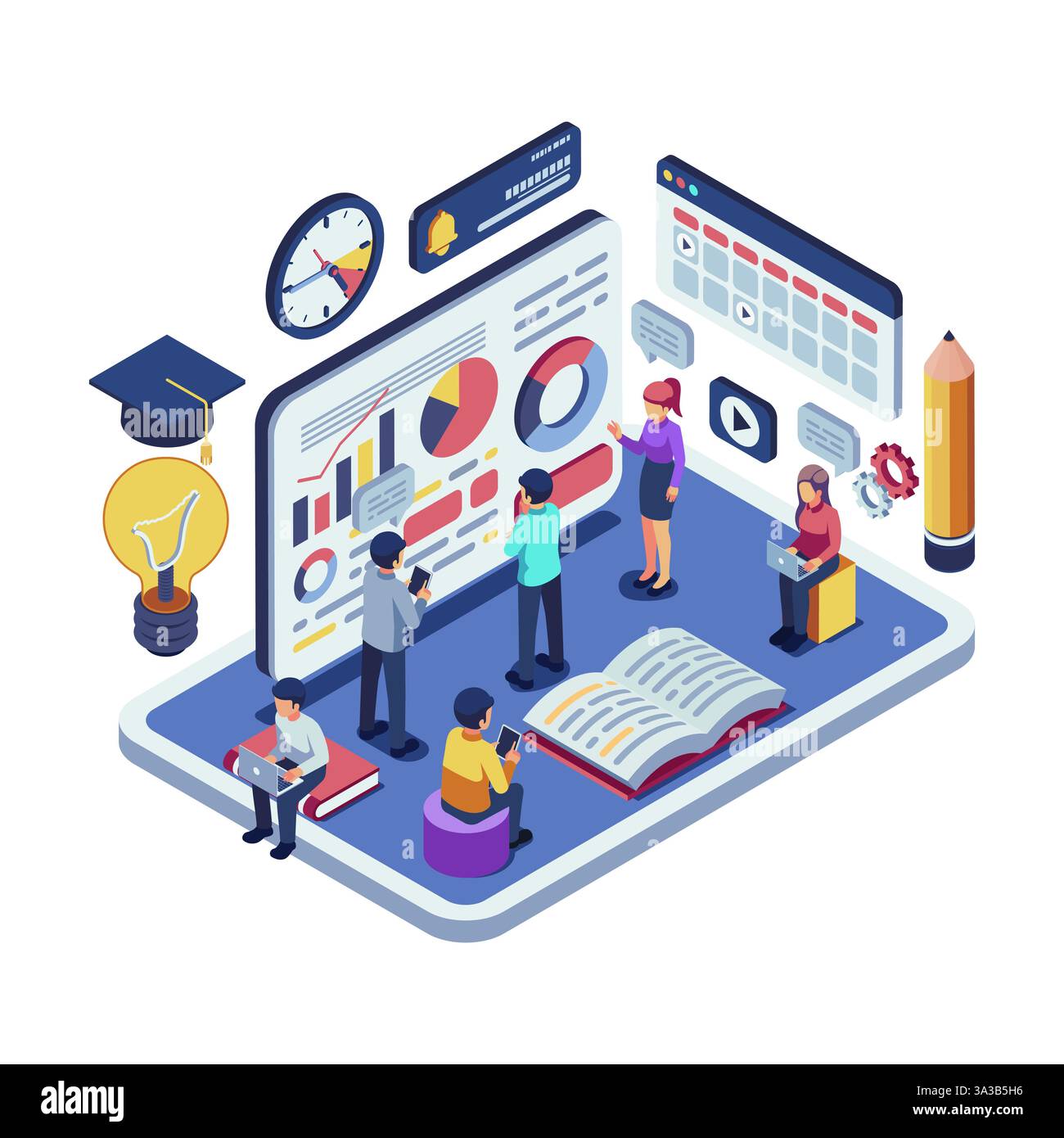 Brainstorming isométrique des étudiants pour l'apprentissage collaboratif et le partage de projets. Concept d'apprentissage collaboratif Illustration de Vecteur