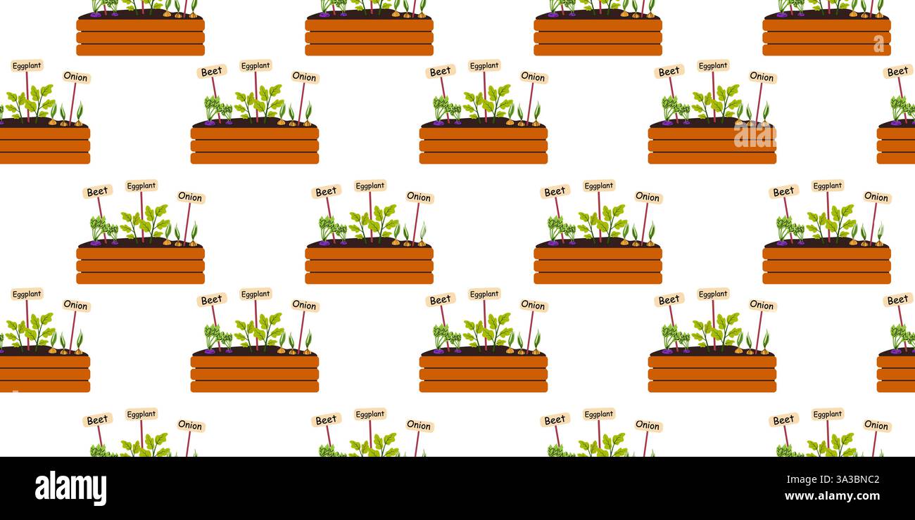 Lit de jardin potager coloré avec des étiquettes montrant diverses plantes poussant à la lumière du soleil de printemps Illustration de Vecteur