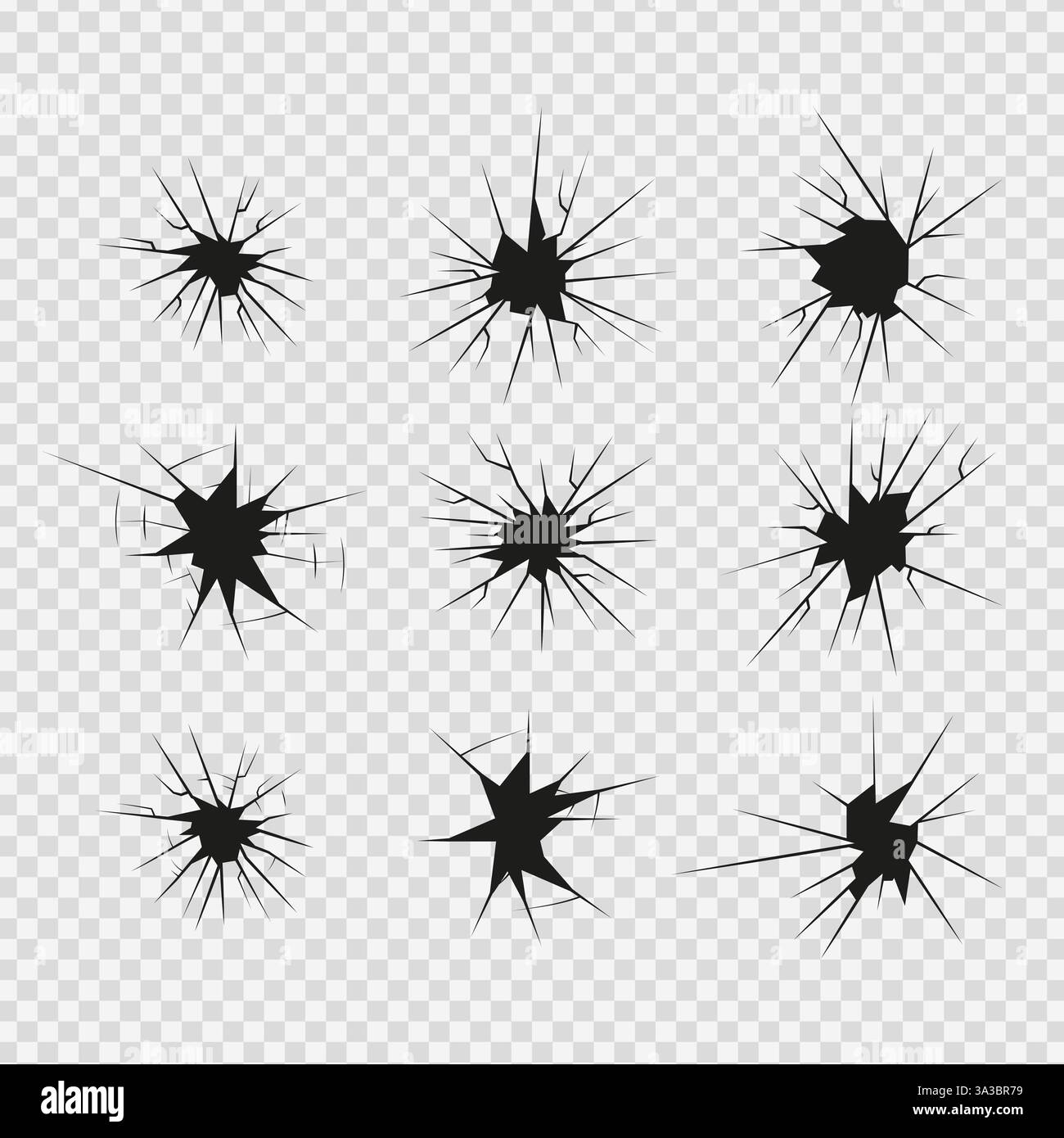 Jeu d'icônes de verre de tir de fissure, fissures et cassures linéaires de silhouette, verre brisé ou glace, motifs abstraits d'illustration vectorielle Illustration de Vecteur