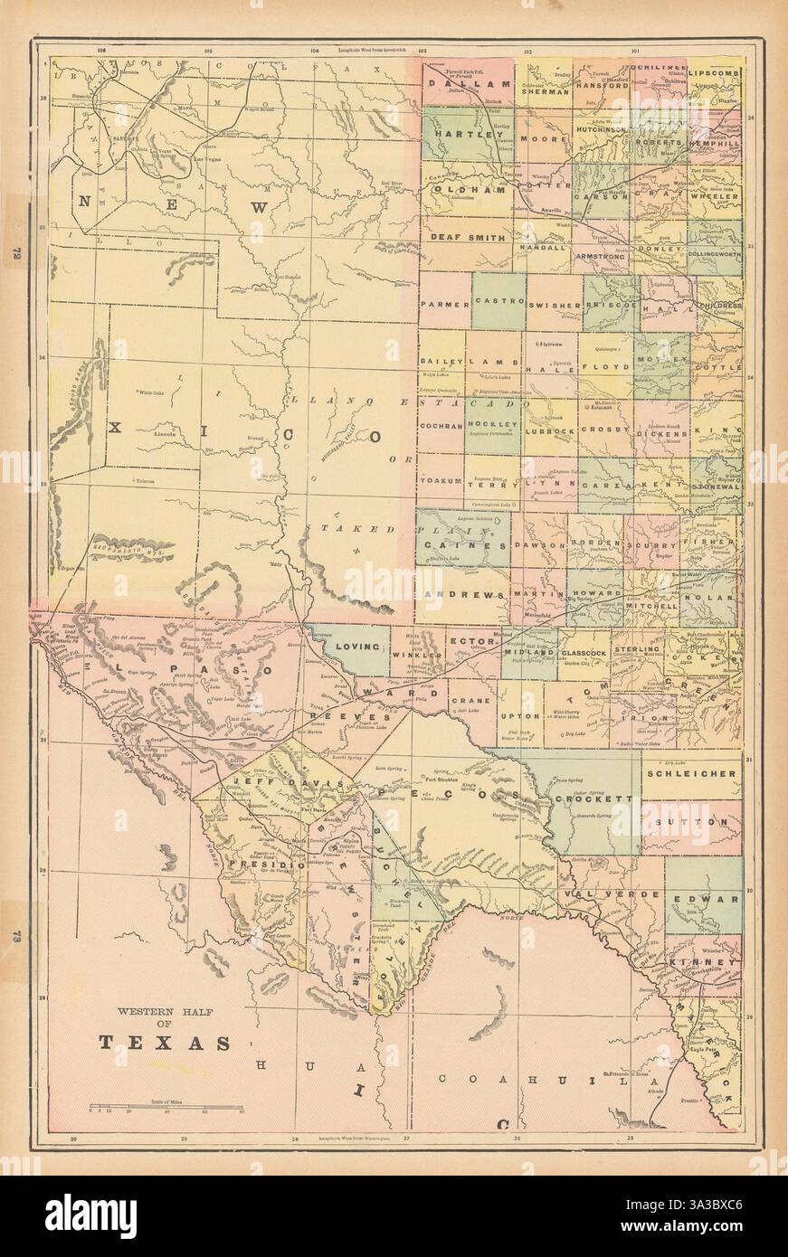 La moitié ouest de la carte de l'état du Texas dans les comtés. CRAM 1894 vieux tableau antique Banque D'Images