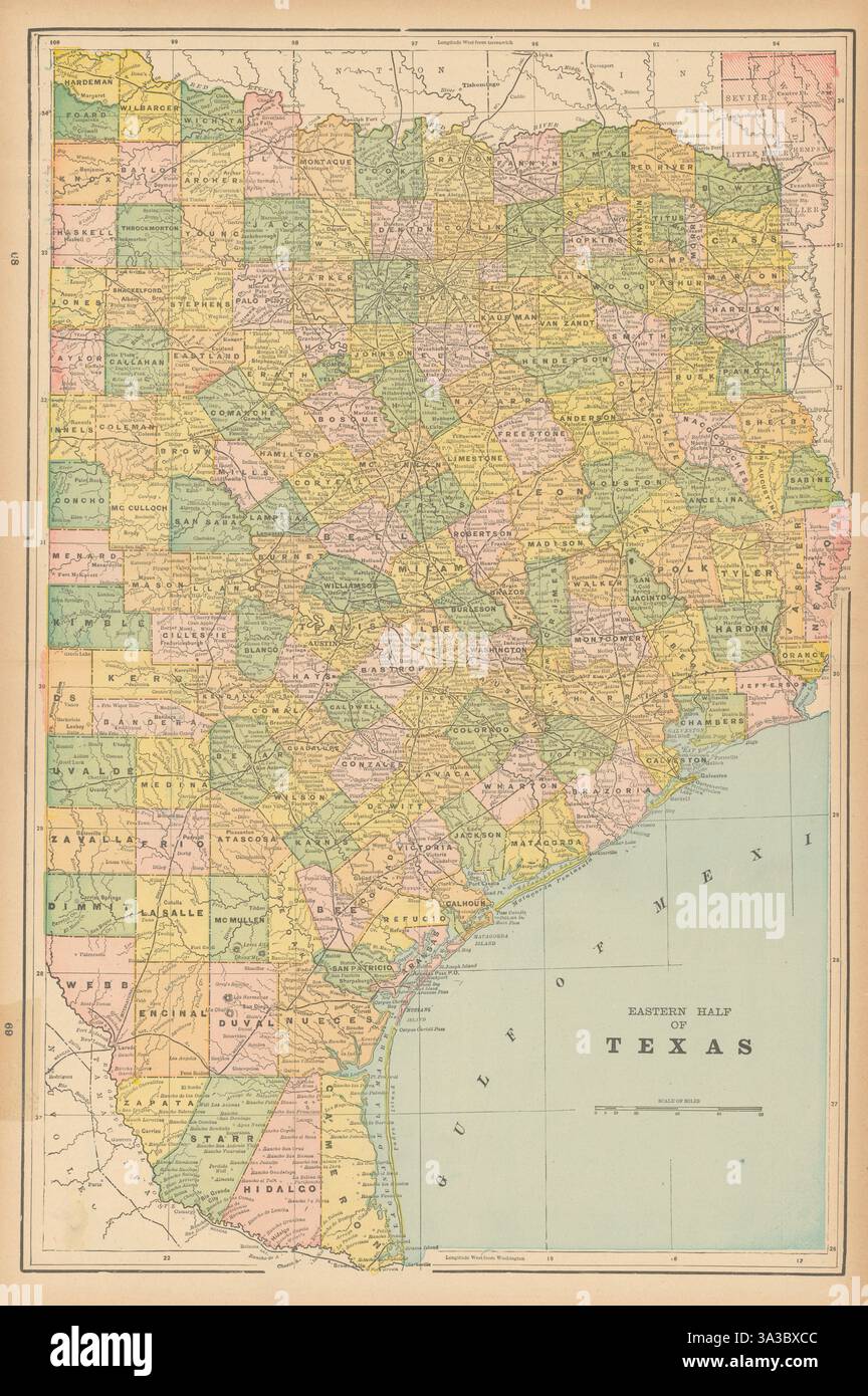 La moitié est de la carte de l'État du Texas dans les comtés. CRAM 1894 vieux tableau antique Banque D'Images