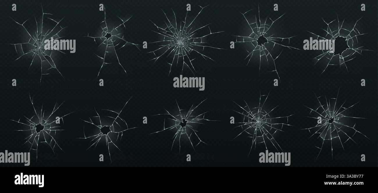 Dix motifs de verre brisé réalistes isolés sur fond transparent. Les fissures rayonnent du centre avec des bords tranchants, adaptés au design et à la décoration Illustration de Vecteur
