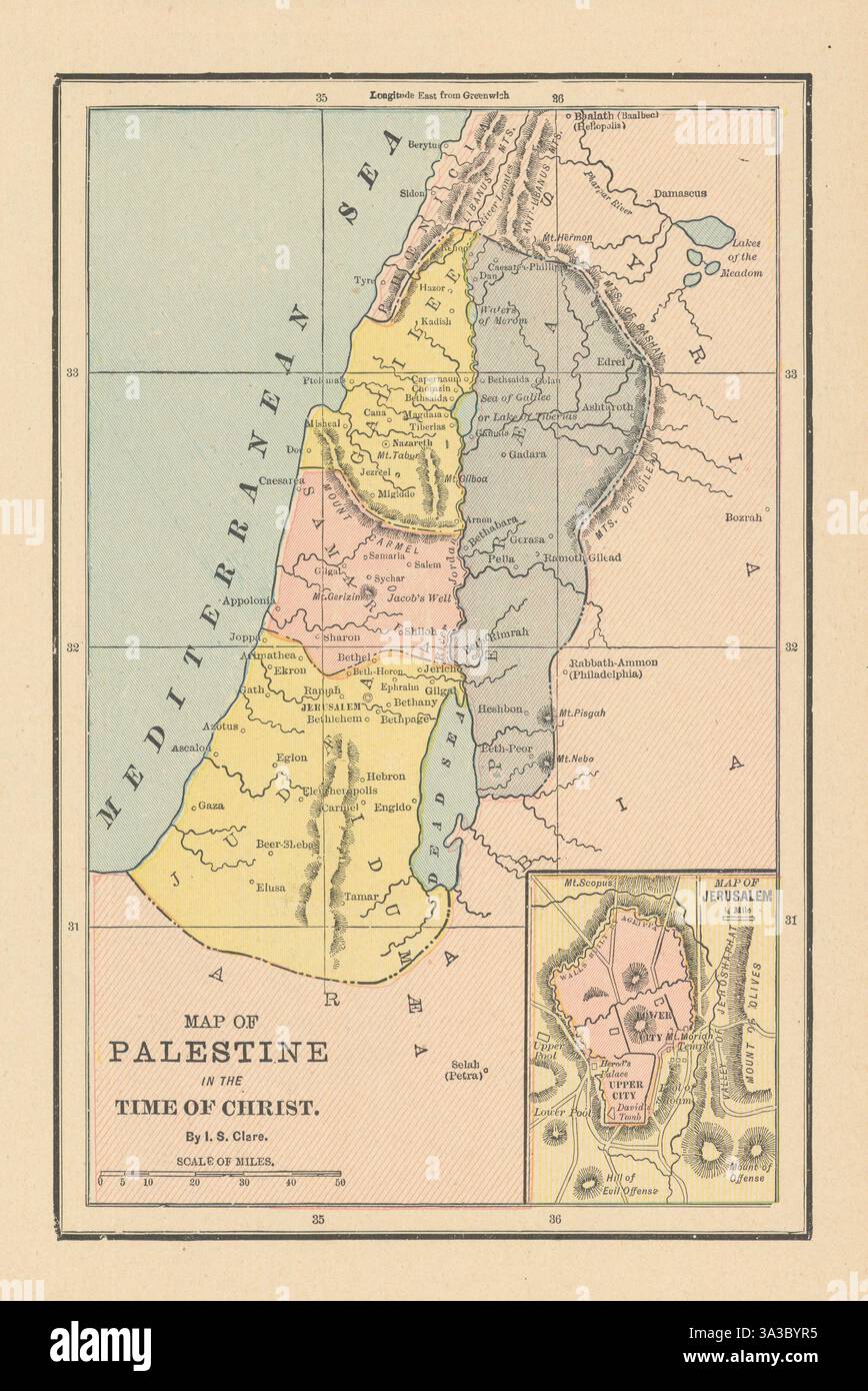 Carte de la Palestine au temps du Christ. Israël Terre Sainte. CLARE 1894 ans Banque D'Images