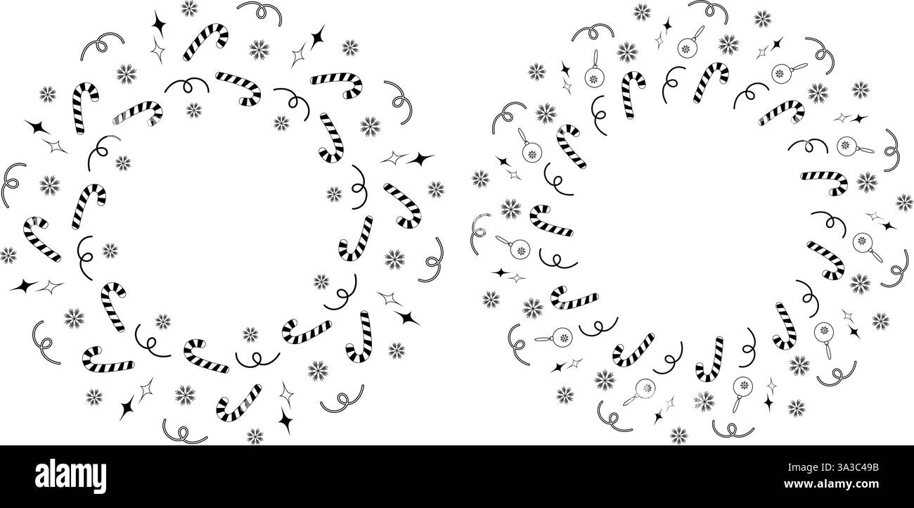 Doodle jouets de Noël Candy Cane Serpentine flocons de neige cadre circulaire bordure espace copie ensemble de modèles. Illustration vectorielle isolée cartes thématiques voeux, affiche, prix, étiquette ou dépliant web, bannière Illustration de Vecteur