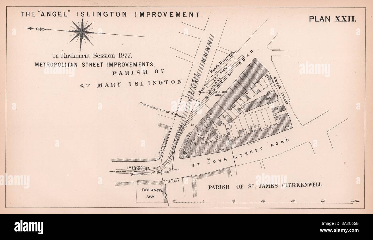 1877 Angel Islington. Rue St John Goswell Road route de la ville élargissement de la carte de 1898 Banque D'Images