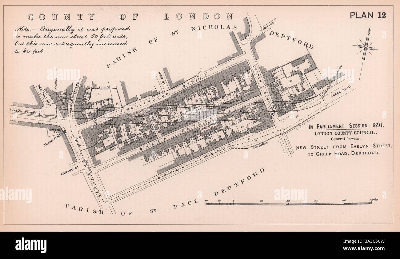 1891, rue New Evelyn jusqu'au chemin Creek, Deptford. Carte High Street 1898 Banque D'Images