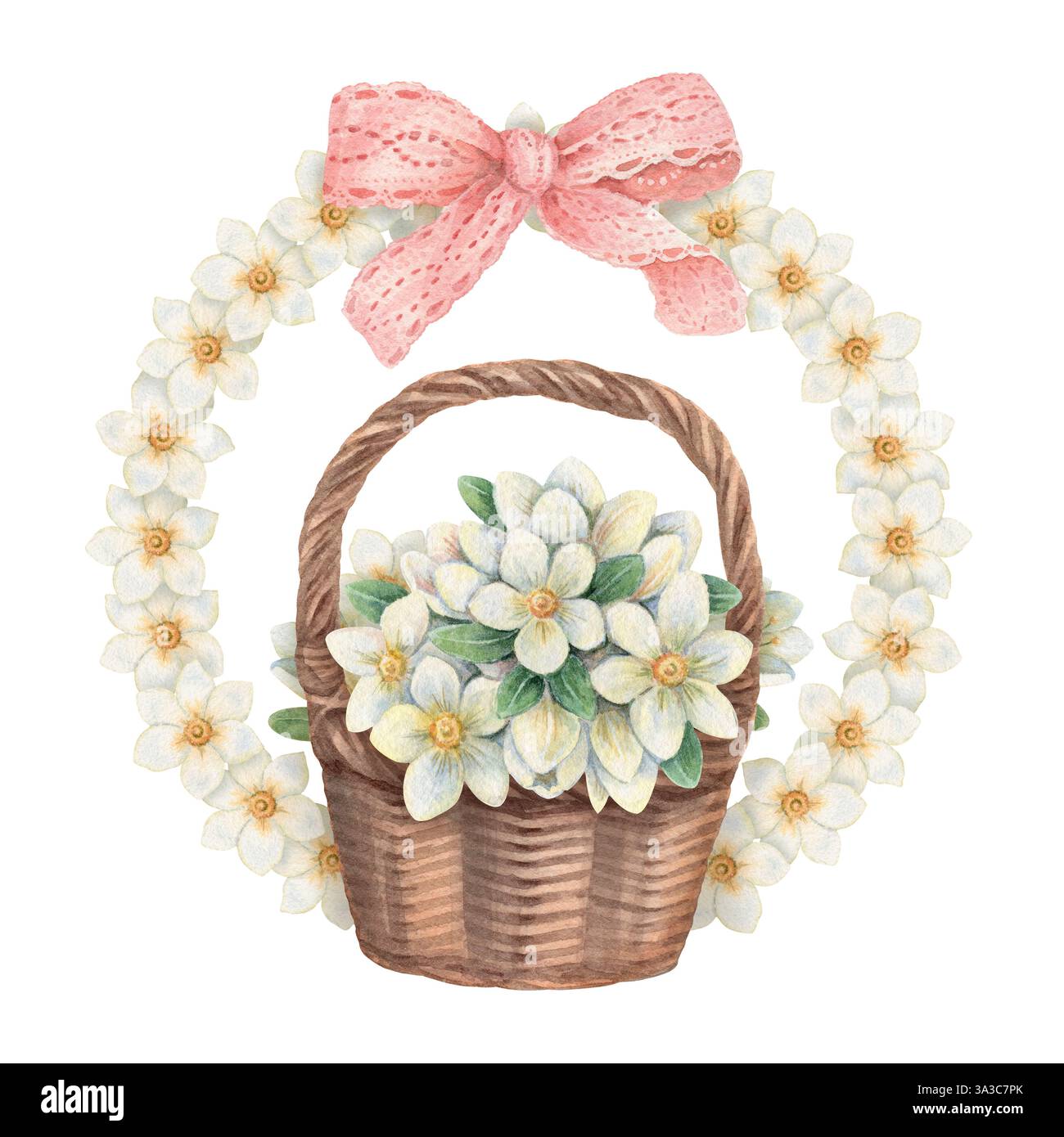 Panier de fleurs de jasmin blanc dans une couronne florale avec un noeud rose. Illustration élégante d'aquarelle dessinée à la main vintage avec un ton pastel doux. Parfait pour Banque D'Images