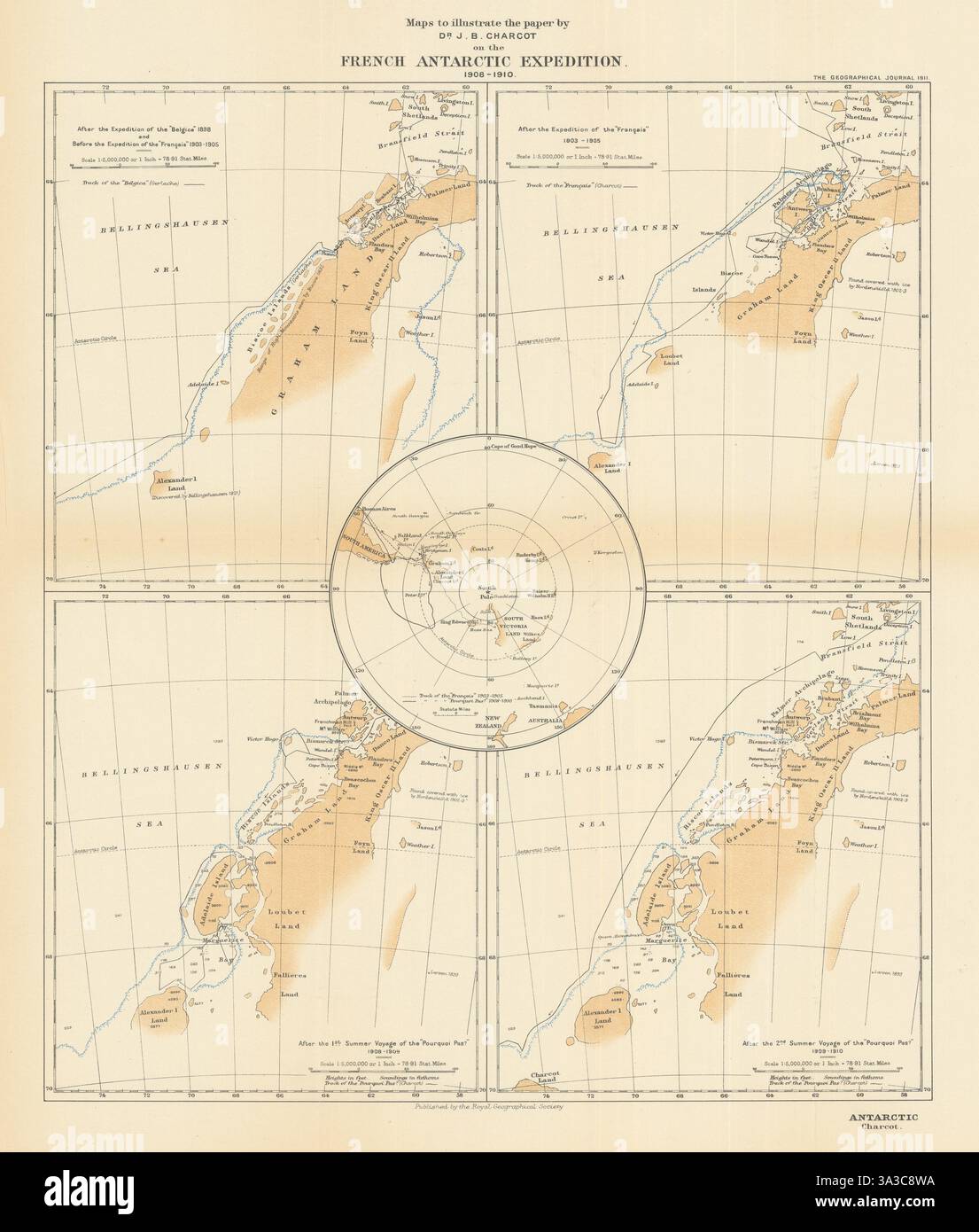 Expédition antarctique française, 1908-1910. Carte de Jean-Baptiste Charcot / RGS 1911 Banque D'Images