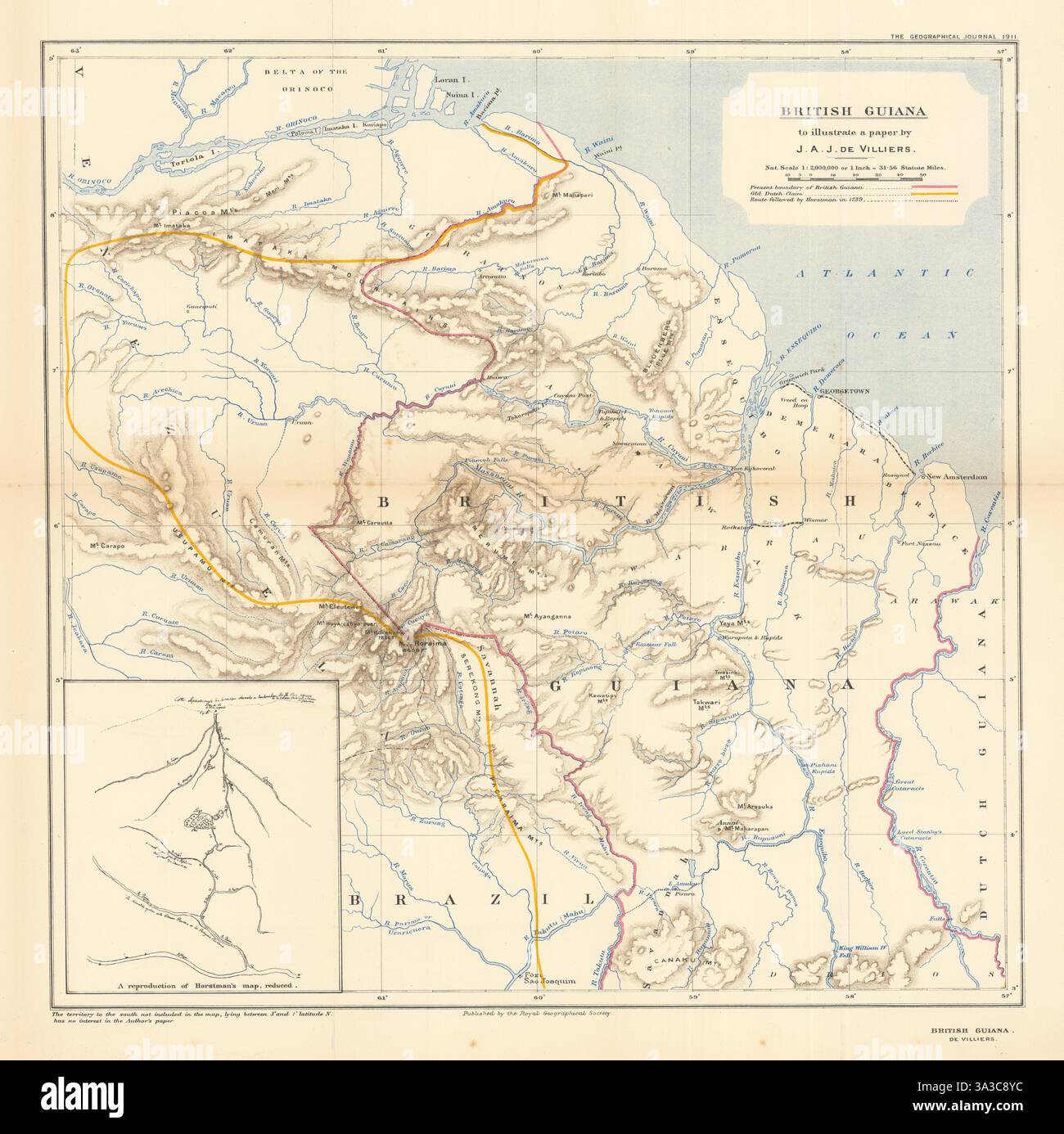 Guyane britannique. Limite. Vieille revendication hollandaise. Itinéraire Horstman. Guyana. Carte RGS 1911 Banque D'Images