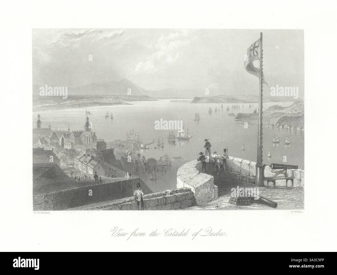 Vue depuis la Citadelle de Québec, Canada. BARTLETT 1842 ancienne impression antique Banque D'Images