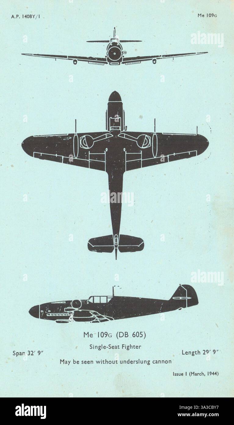 Messerschmitt me 109G combattant. Profil de reconnaissance des aéronefs du ministère de l'Air 1944 Banque D'Images