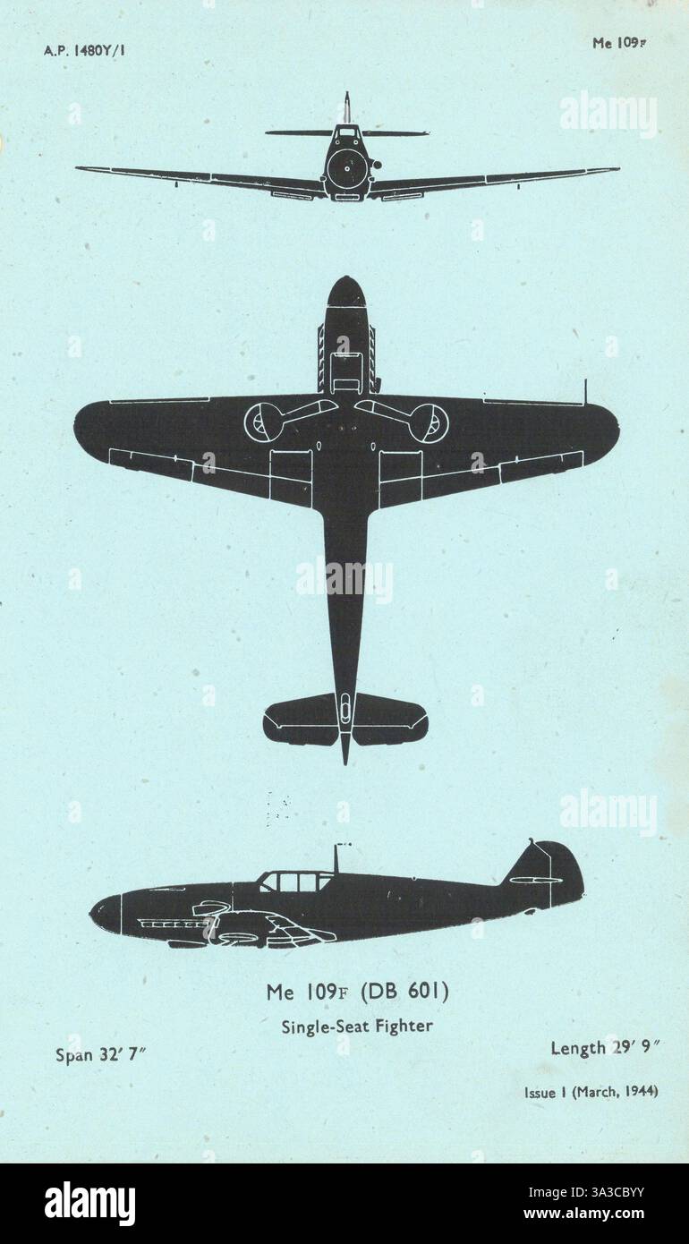 Messerschmitt me 109F chasseur. Profil de reconnaissance des aéronefs du ministère de l'Air 1944 Banque D'Images