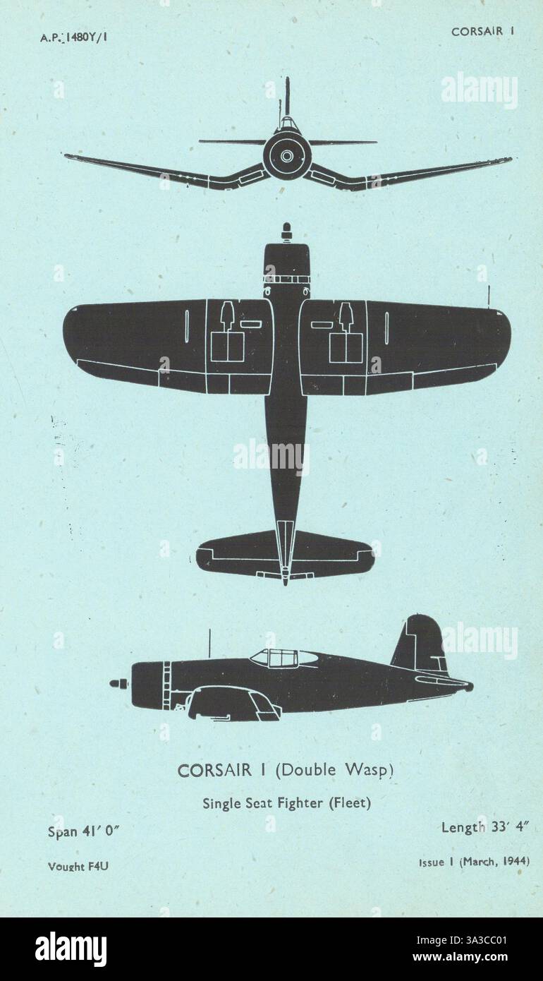 Vought F4U Corsair I chasseur (flotte). Profil de reconnaissance d'avion 1944 imprimé Banque D'Images