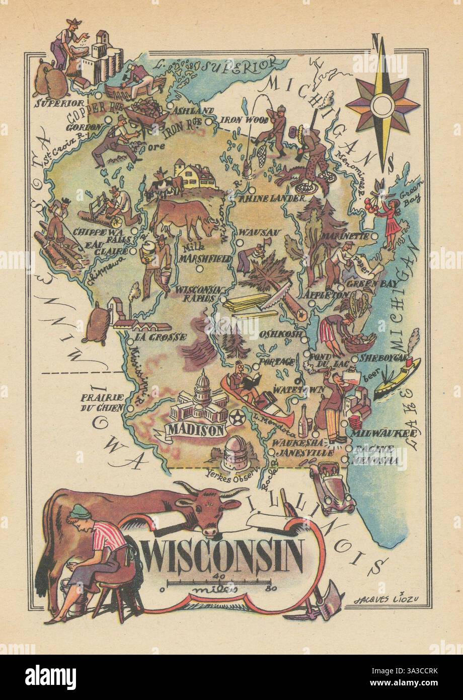 Wisconsin petite carte d'état par Jacques Liozu 1946 vieux plan vintage Banque D'Images