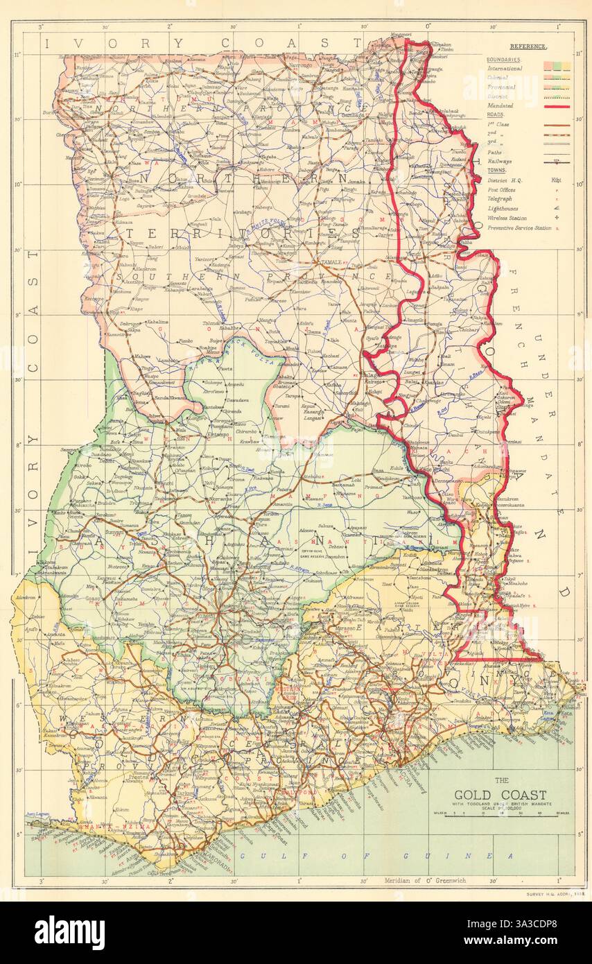 La Gold Coast avec Togoland sous mandat britannique. Carte Ghana & Togo 1938 Banque D'Images