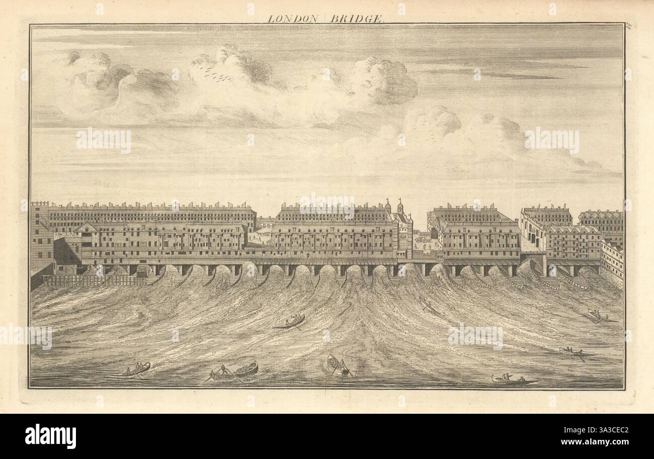 Une vue du vieux pont de Londres par William Henry Toms 1760 impression antique Banque D'Images