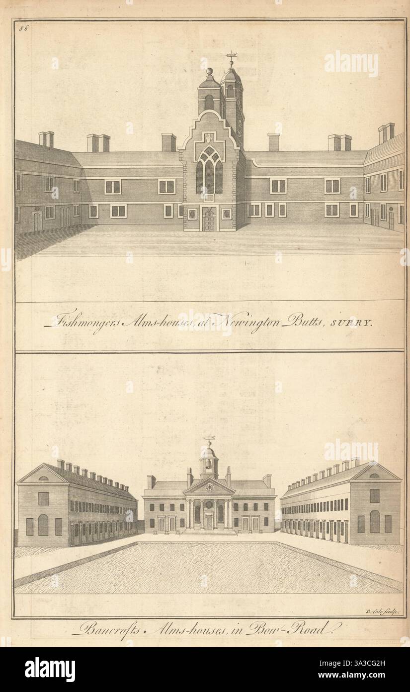 Fishmongers Alms-Houses, Newington Butts / Bancrofts Alms-Houses, Bow Road 1760 Banque D'Images