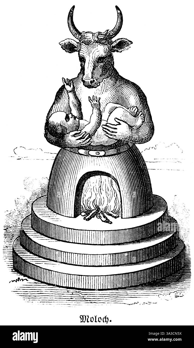 Moloch ou Molech a été considéré comme un souverain, idole des Ammonites, figure creuse comme un homme avec une tête de boeuf, le feu chauffe l'idole, un enfant est placé dans h. Banque D'Images