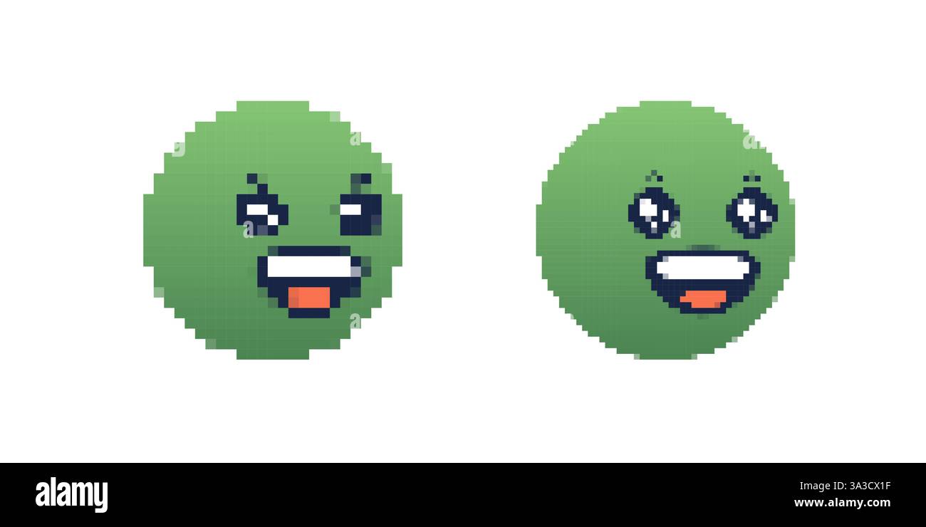 Pixel art de deux visages souriants verts avec des expressions différentes et des dents blanches Illustration de Vecteur