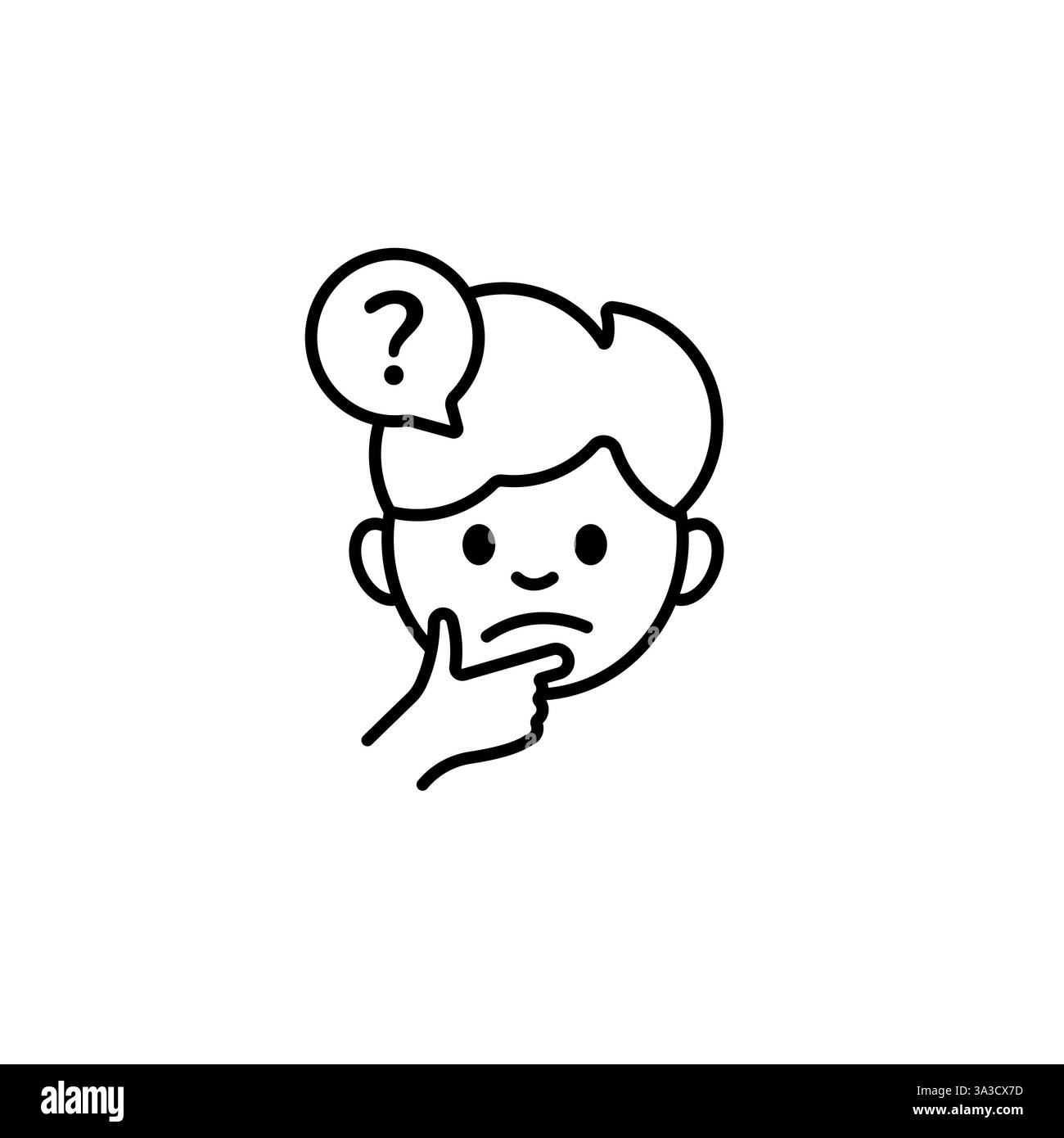 Garçon réfléchi avec icône de question représentant l'incertitude et la curiosité dans un style d'art au trait simple Illustration de Vecteur