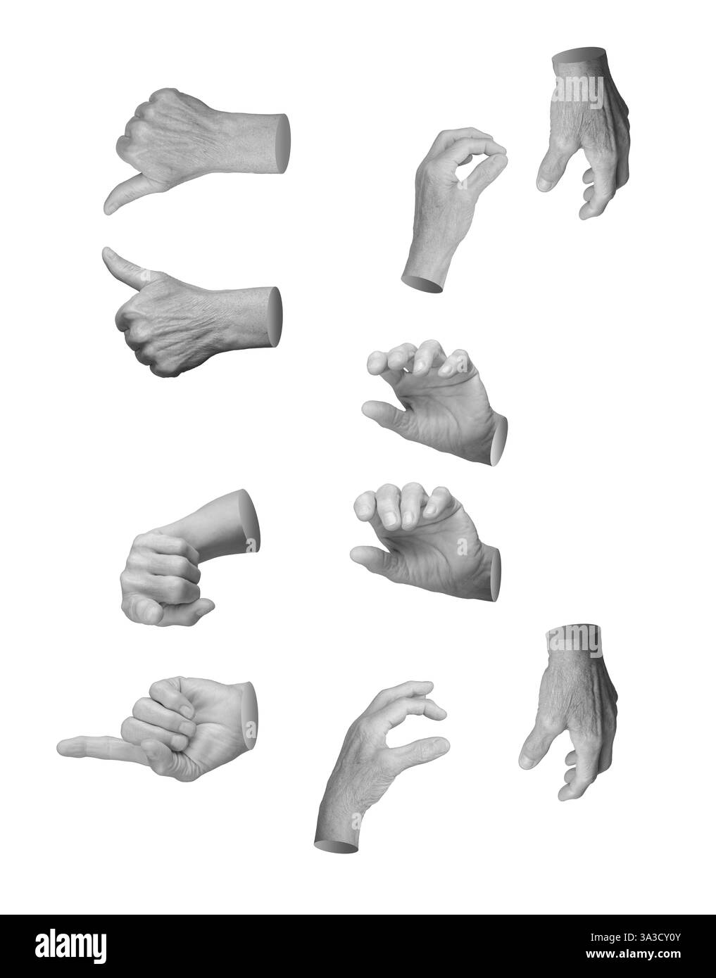 La main d une femme âgée dans divers gestes : pointer, saisir, serrer et tenir avec le pouce vers le haut et l index tendu. Peau vieillie et ridée w Banque D'Images