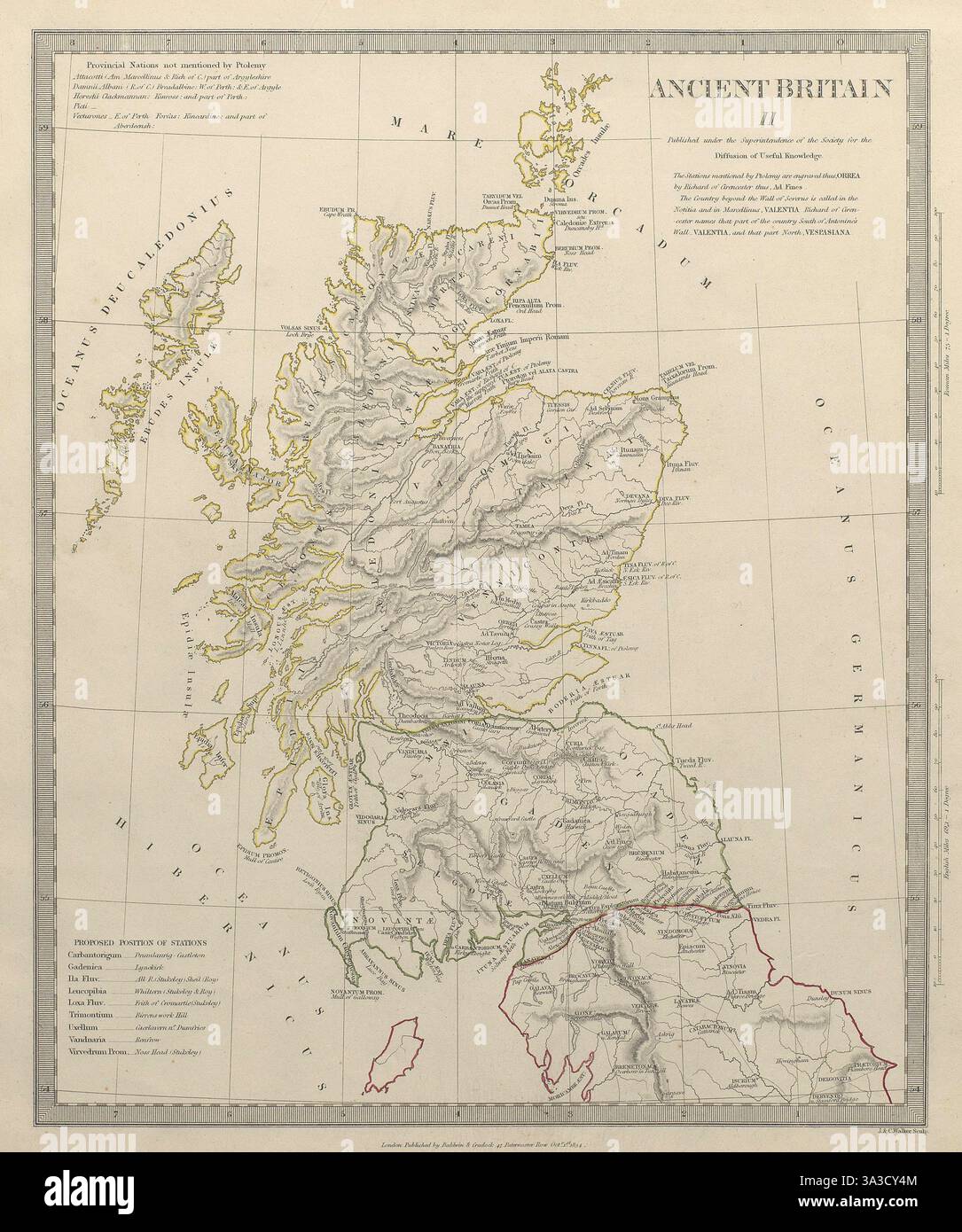 ANCIENT BRITAIN.Caledonia-Scotland.Roman Road Town names.Ptolémée.SDUK 1844 map Banque D'Images