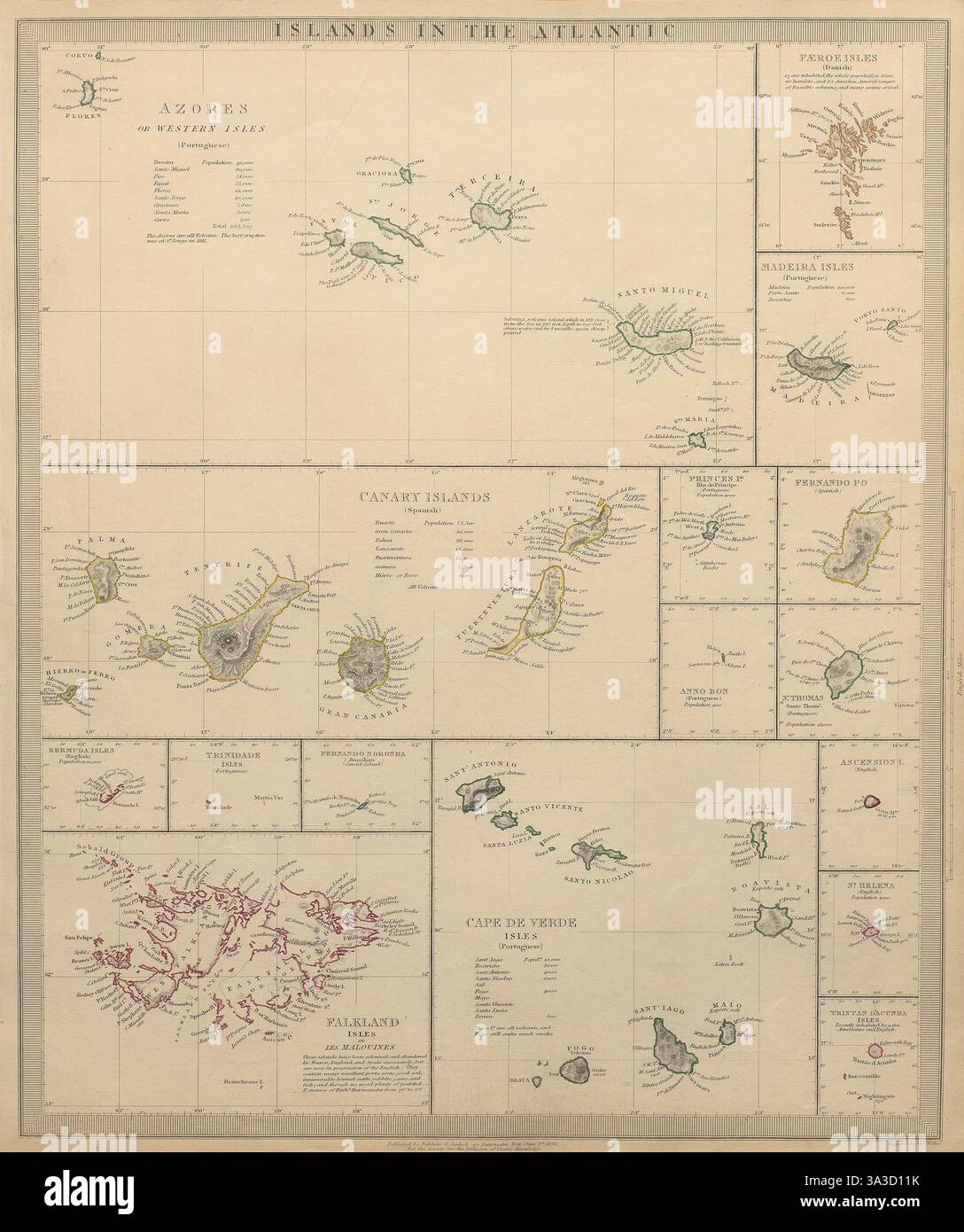 ATLANTIC ISLANDS.Açores Féroes Madeira Canary Bermuda Falklands.SDUK 1844 carte Banque D'Images