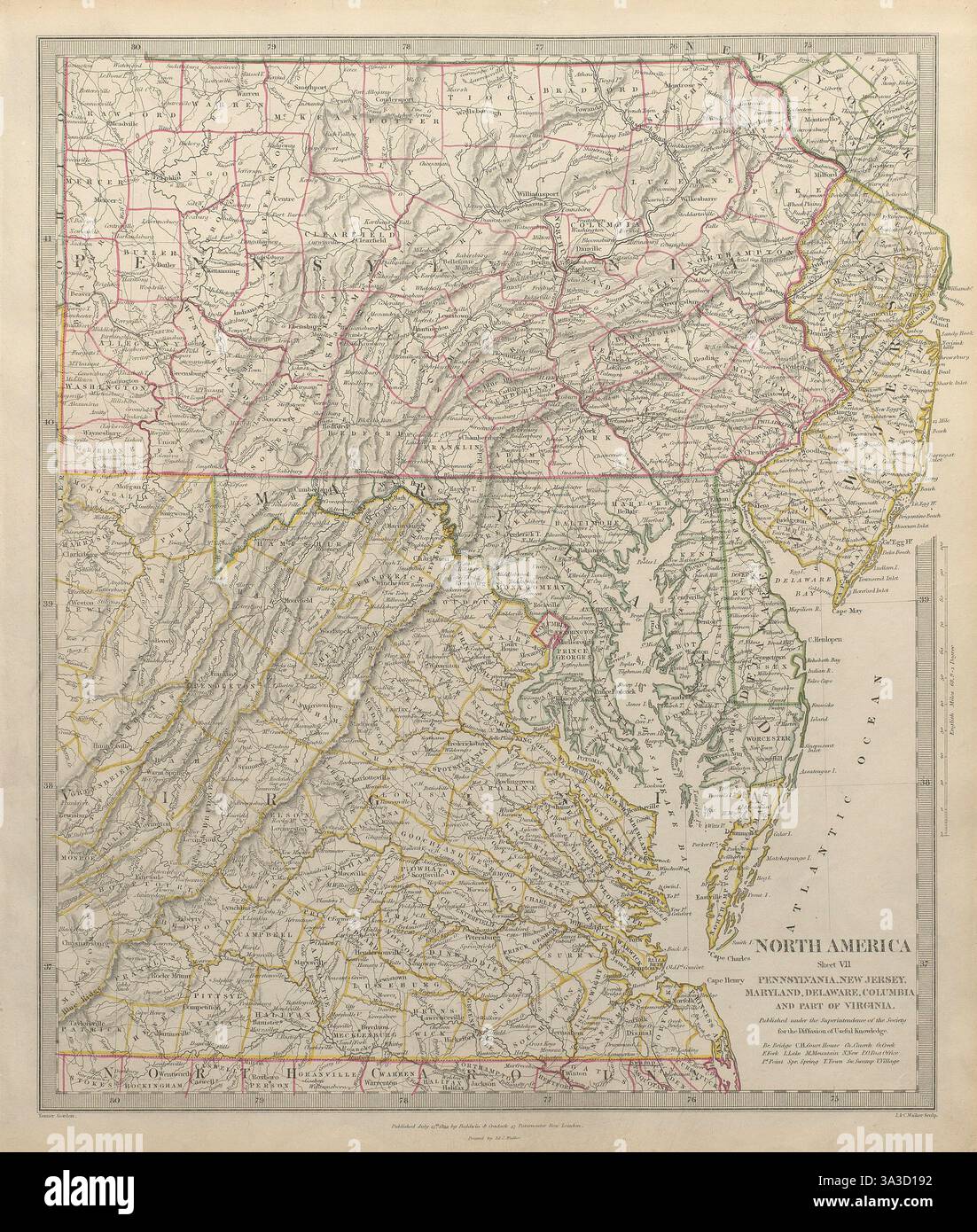 ÉTATS-UNIS. Pennsylvanie New Jersey Maryland Delaware DC Virginie. SDUK 1844 ancienne carte Banque D'Images