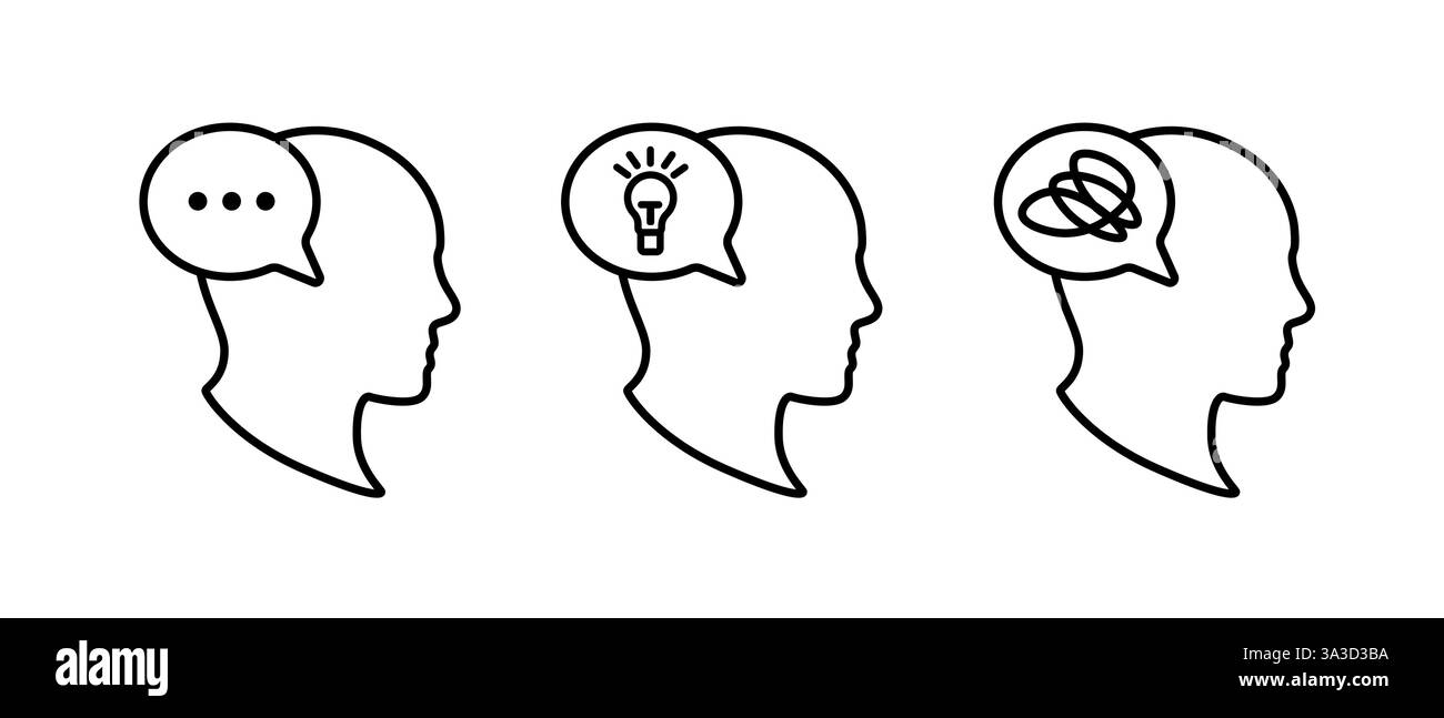 Trois silhouettes de tête humaine avec différents symboles de pensée dans des bulles de parole Illustration de Vecteur Trois silhouettes de tête humaine avec différents symboles de pensée dans des bulles de parole Illustration de Vecteur