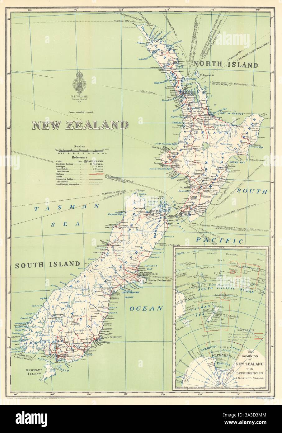 Nouvelle-Zélande montrant les dépendances par H.E. Walshe, Surveyor General 1938 carte ancienne Banque D'Images