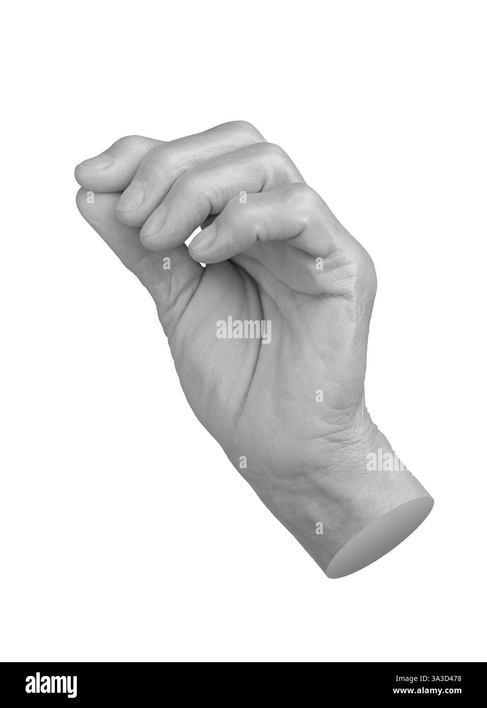 Main âgée avec les doigts recourbés dans un geste délicat de pincement, prêt comme pour ramasser un objet. Peau ridée, âgée avec texture visible, suggérant Banque D'Images