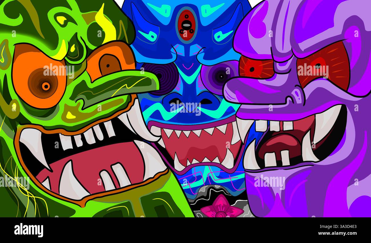 Trois masques japonais traditionnels souvent utilisés dans l'art du tatouage, y compris Hannya, Oni et Noh. Chaque masque porte une signification symbolique profonde dans la culture japonaise Banque D'Images