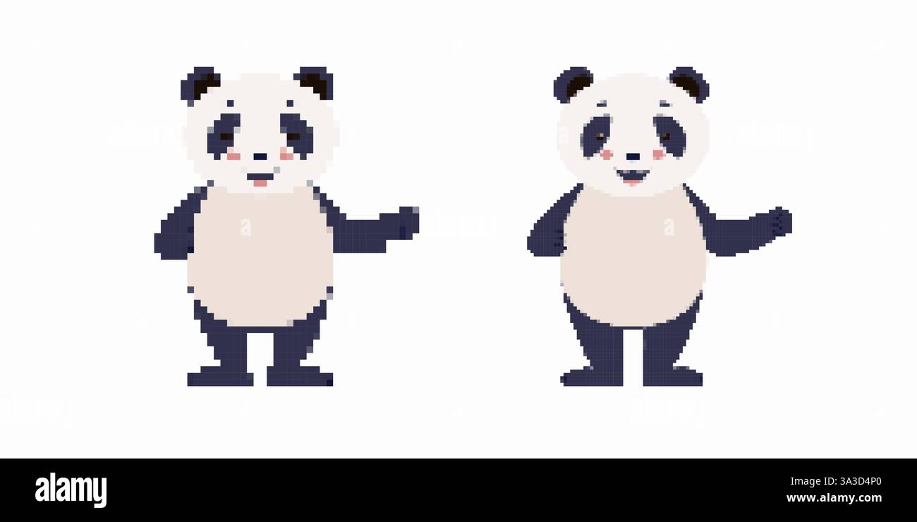 Adorable duo de panda dans le style pixel art avec des expressions charmantes et des caractéristiques de dessin animé uniques Illustration de Vecteur