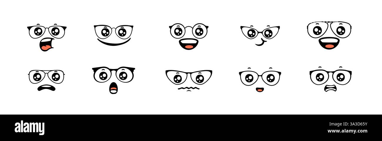 Mignons visages de dessins animés avec des lunettes et différentes expressions en noir et blanc Illustration de Vecteur