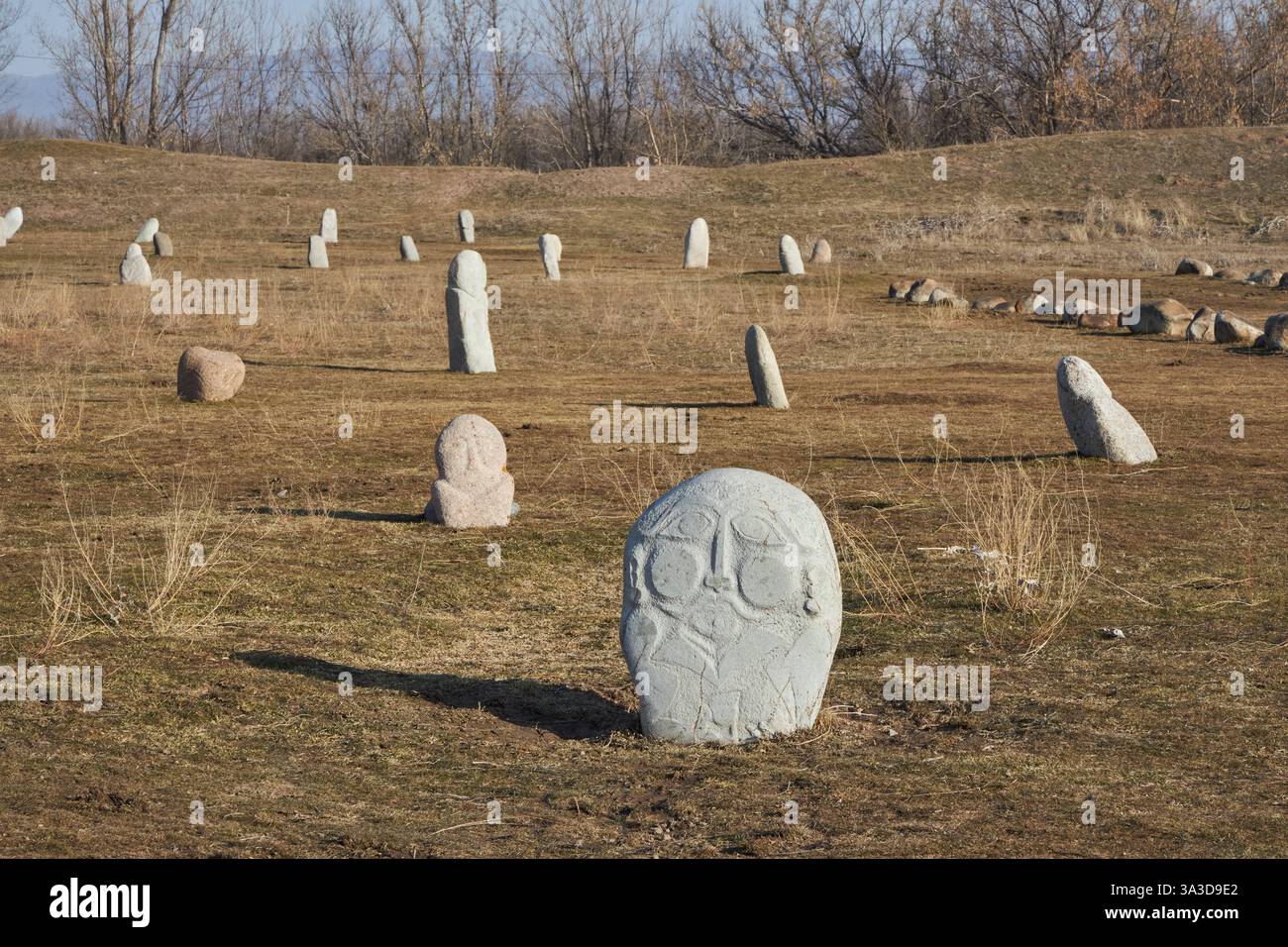 Stèles de Kurgan, Balbal, pierres historiques anciennes sur le territoire du complexe Tour Burana au Kirghizistan Banque D'Images