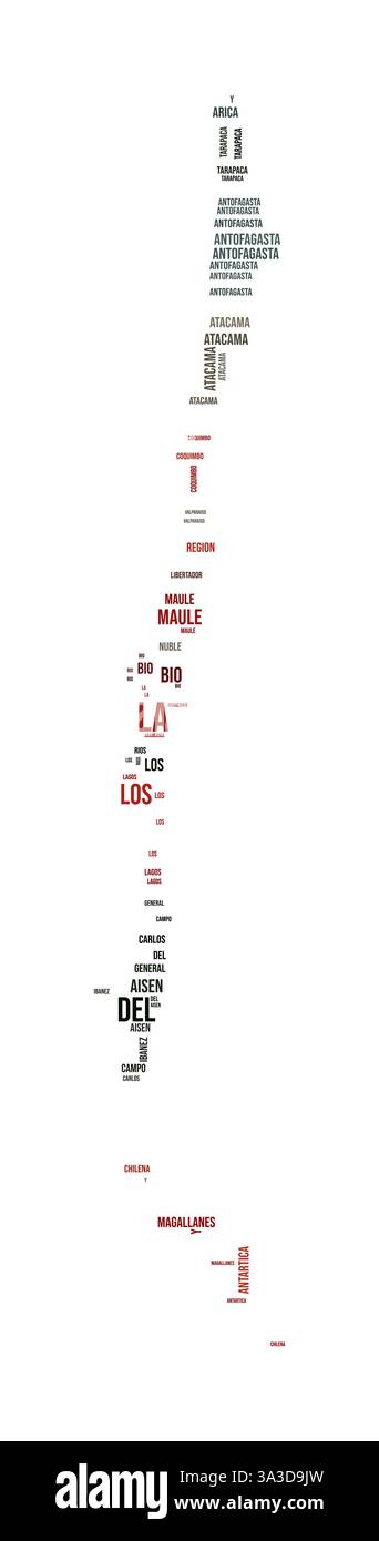 Chili Word Cloud. Forme du pays avec division de région. Image de style typographie Chili. Nuages de balises de noms de région. Illustration vectorielle. Illustration de Vecteur